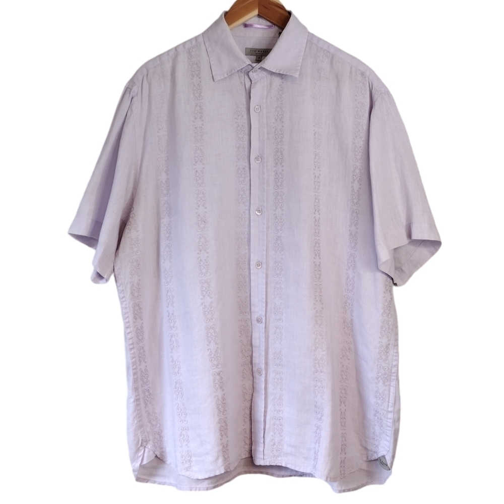 Ted Beker London Men's Linen Embroidered Casual Button Down Short Sleeve Shirt